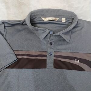 Travis Mathew Heather Blue Golf Polo Shirt Mens XXL 2XL Striped Chest Logo N